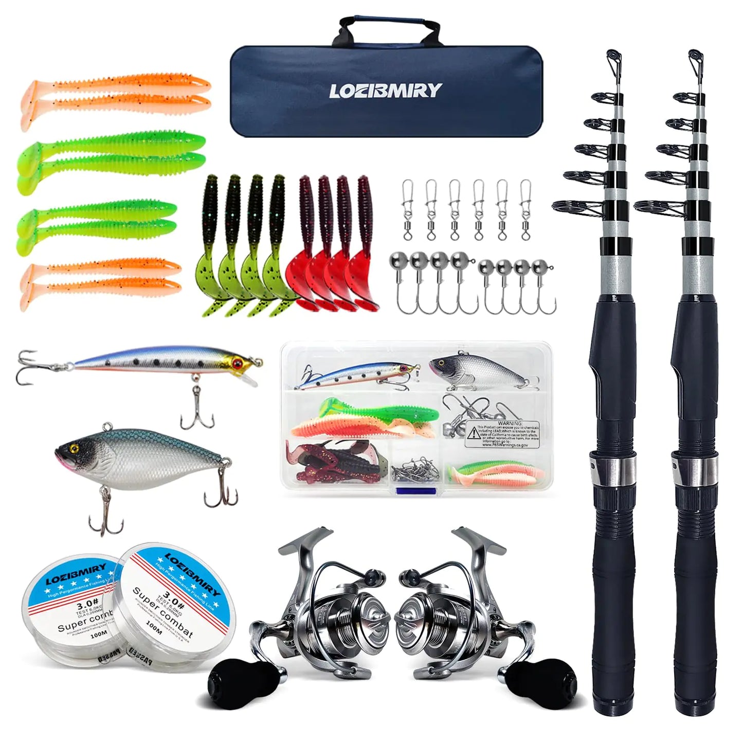 Fishing Rod Reel Combos 2PCS 2.1m/6.89ft Collapsible Fishing Rods + 2PCS Spinning Reels + Fishing Lines Fishing Lures Carrier Bag Telescopic Fishing Pole Set Sea Saltwater Freshwater Kit