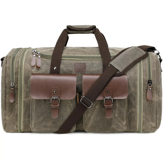 Densata Waxed Canvas Duffle Bag for Men 60L Travel Duffel Bags Expandable Genuine Leather Duffel Overnight Weekender Carry On Bag Two Zipper Pockets Travel Bag (Vintage Grey X Large-60L)