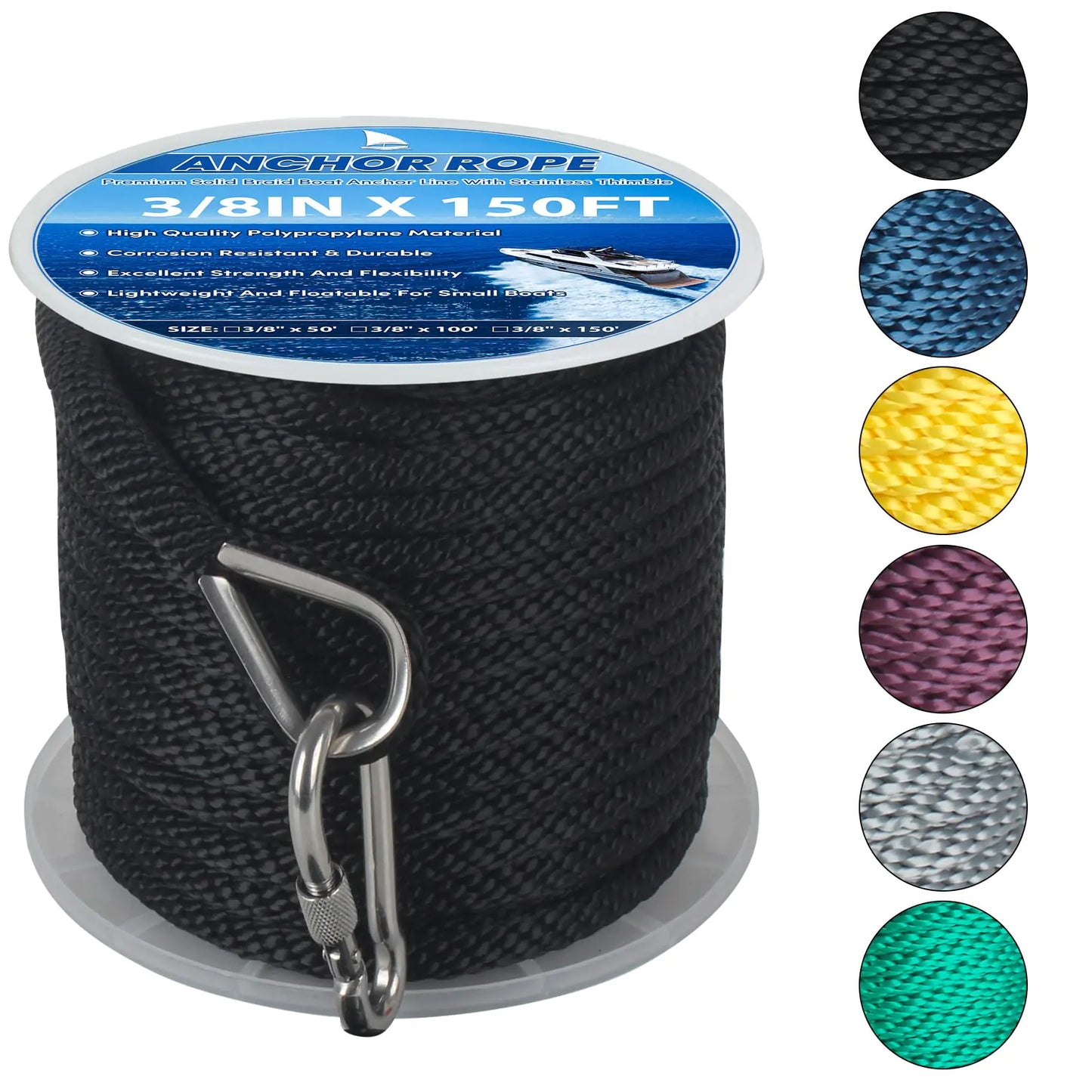 Anchor Rope 150FT x 3/8inPremium Solid MFP Braided Anchor Rope Anchor LineBoat Anchor Rope with Stainless Steel Thimble & Snap HookBoat Rope Marine Rope for Anchors and Boats (Black)