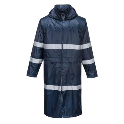 Portwest F438 Mens Waterproof Raincoat - Reflective Long Rain Jacket with Hood and Pockets Navy Large