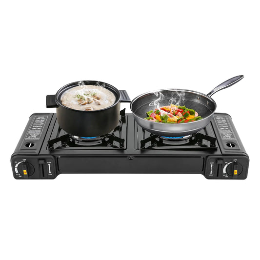 2-Burner Portable Camping Stove Butane Camping Stove Double Burner Butane Stove for Outdoor Cooking Propane Adapter Hose and Carrying Case for Camping BBQ