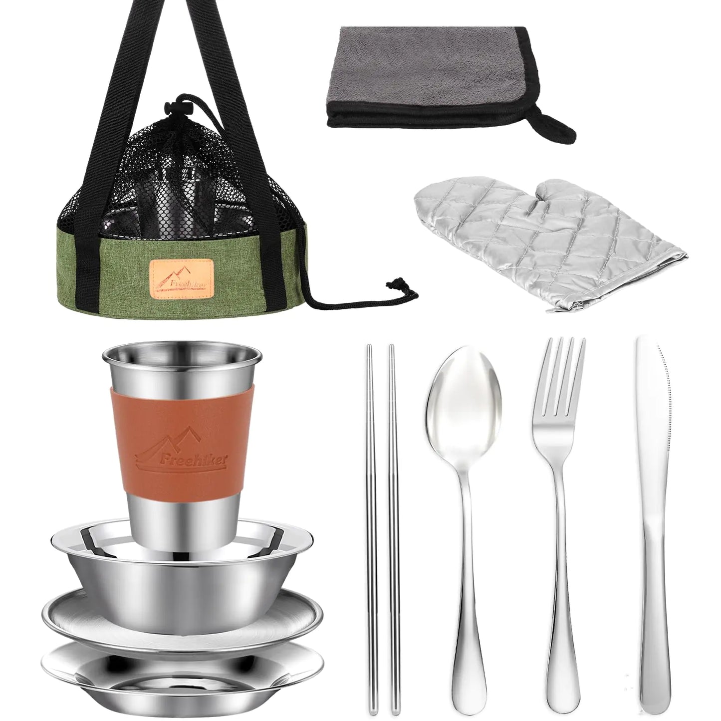 Camping Mess Kit - 1 to 2 Persons Camping Dishes Includes Cups Bowls Dishes Knives Forks Spoons Etc Camping Cutlery Set with Mesh Bag is Easy to Carry for Backpacking Camping Hiking and Picnics