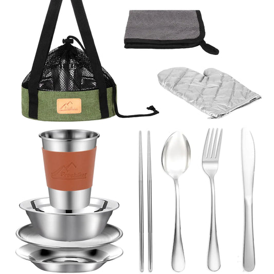 Camping Mess Kit - 1 to 2 Persons Camping Dishes Includes Cups Bowls Dishes Knives Forks Spoons Etc Camping Cutlery Set with Mesh Bag is Easy to Carry for Backpacking Camping Hiking and Picnics