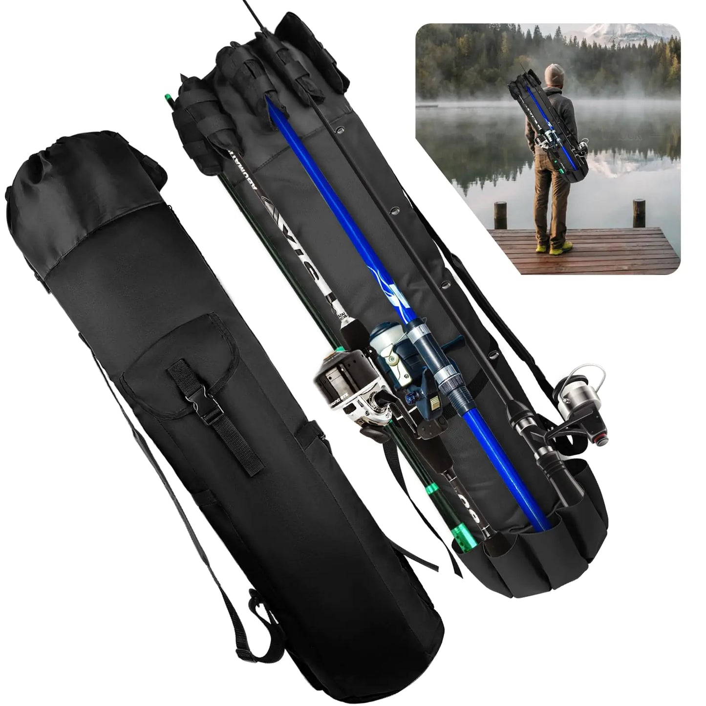 MXiiXM Fishing Rod Bag Fishing Pole Carrier Case Bag Durable Oxford Fabric Fishing Bag for Men Fishing Gifts Portable Fishing Gear and Equipment (Black)
