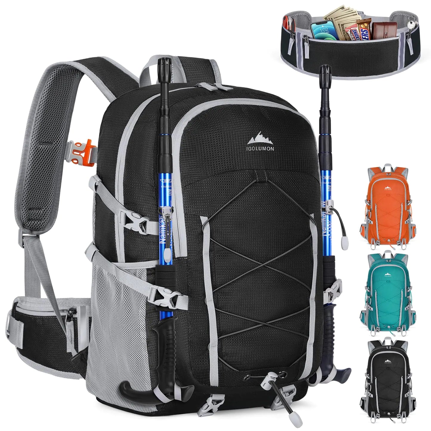 IGOLUMON Hiking Backpack 40L Packable Camping Backpack for Men Women Waterproof Lightweight Hiking Daypack Hiking Bag Foldable Backpack Travel Daypack for Climbing Trekking CampingBlack