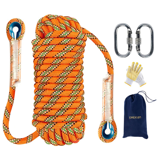 EMEKIAN 12 mm Orange Indoor Outdoor Climbing Rope 10 M (32 ft) Static Rock Climbing Rope for Escape Rope Ice Climbing Equipment Fire Safety Rescue Rope with Non Slip Gloves