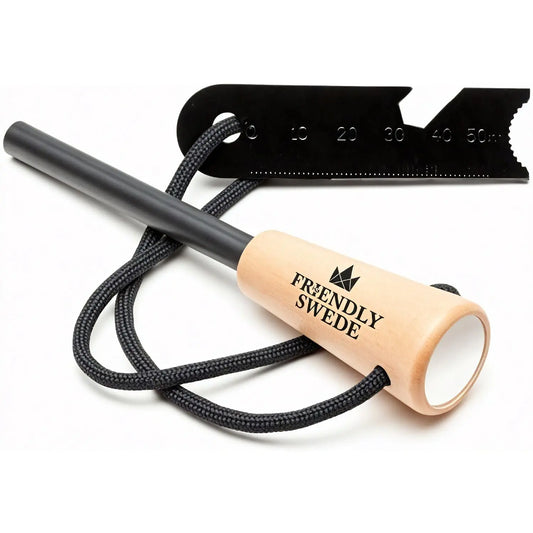 Fire Starter Tool - The Friendly Swede Ferro Rod - Flint and Steel Fire Starter Survival Tool with Wooden Handle; Weatherproof Camping Fire Starter; Easy Grip Flint and Steel Fire Starter Kit